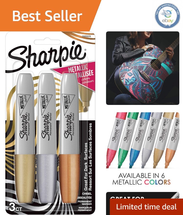 Chisel Tip Metallic Permanent Markers, Assorted Colors - 3 Pack Essential Set