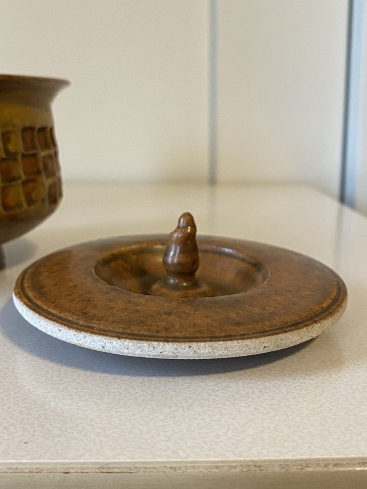 Unique Art Pottery Stoneware Lidded Jar Brown Beige Neutral Rust Square Pattern