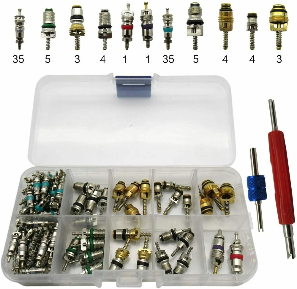 102PCS Car R134a R12 Air Conditioning AC A/C Valve Stem Cores + Remover Tool Kit