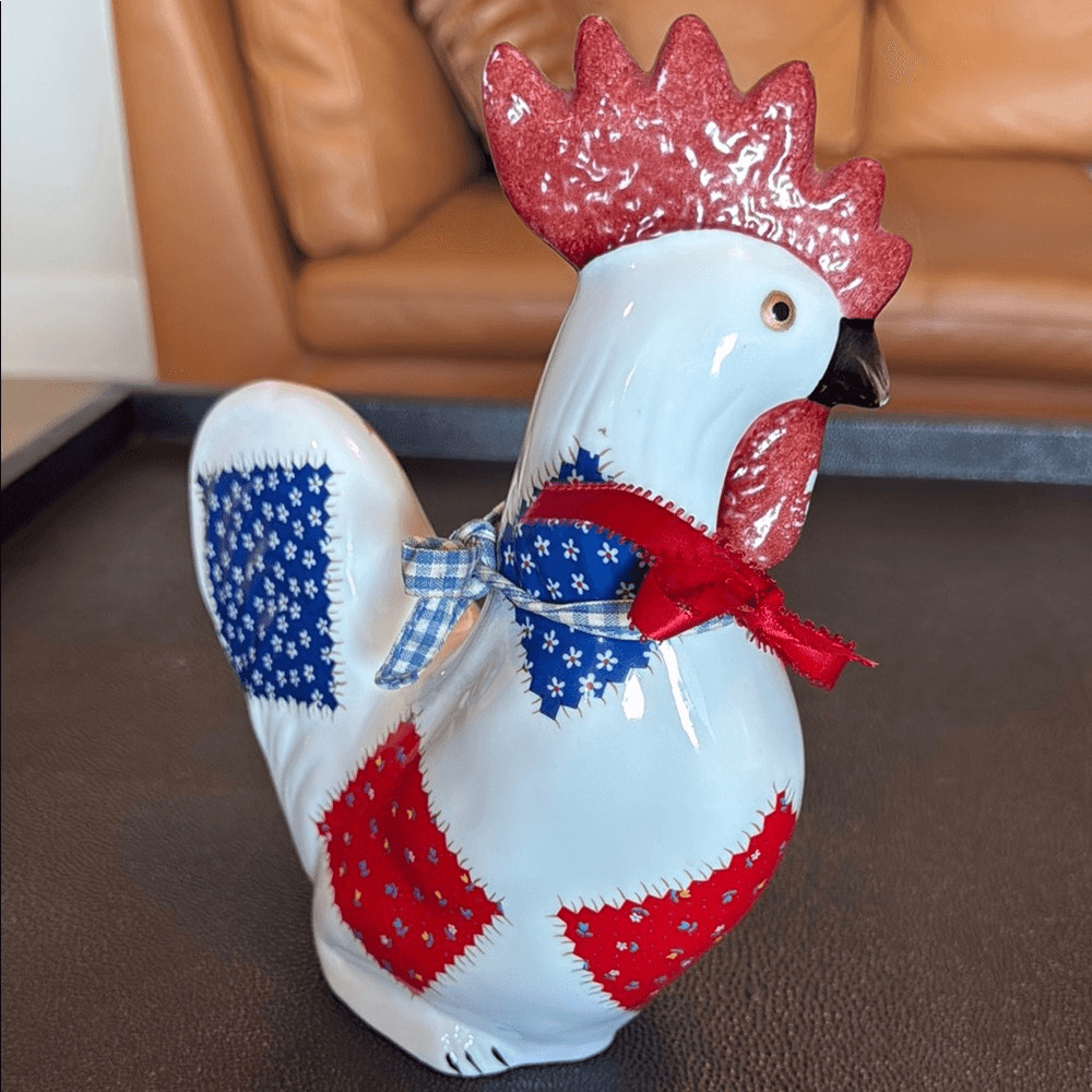Patchwork Rooster Figurine - Red, Blue, and White Ceramic