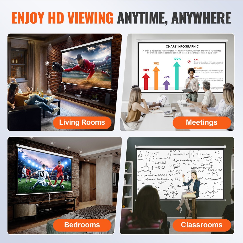 VEVOR Manual Pull Down Projector Screen 100 inch 16:9 4K 1080 HD Retractable