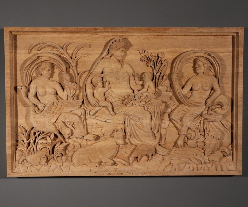 Large Vintage Highly Carved Panel Solid Oak After "The Tellus Panel" in Rome