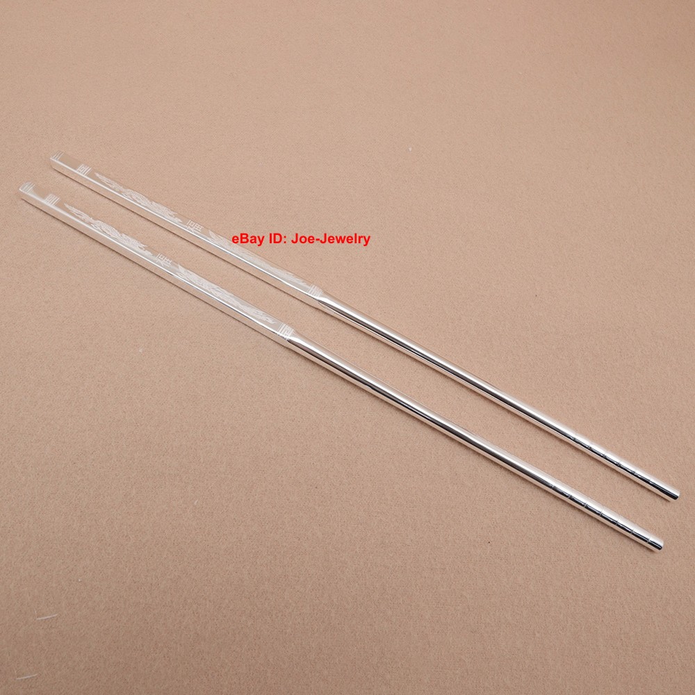 Fine 999 Pure Silver Chinese Chopsticks Dragon Phoenix Blessing Silver Tableware