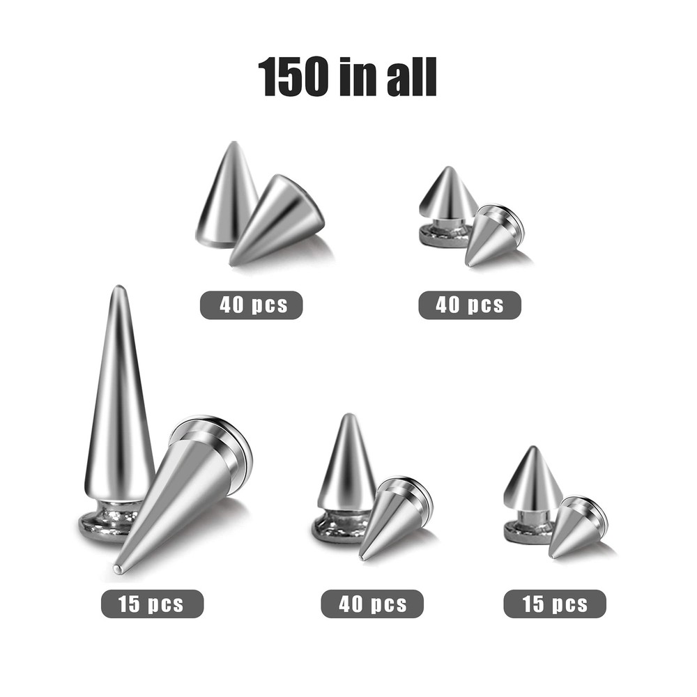 150 Sets ABS Plastic Punk Cone Spikes Studs Multiple Sizes Silver Screw Back Spi