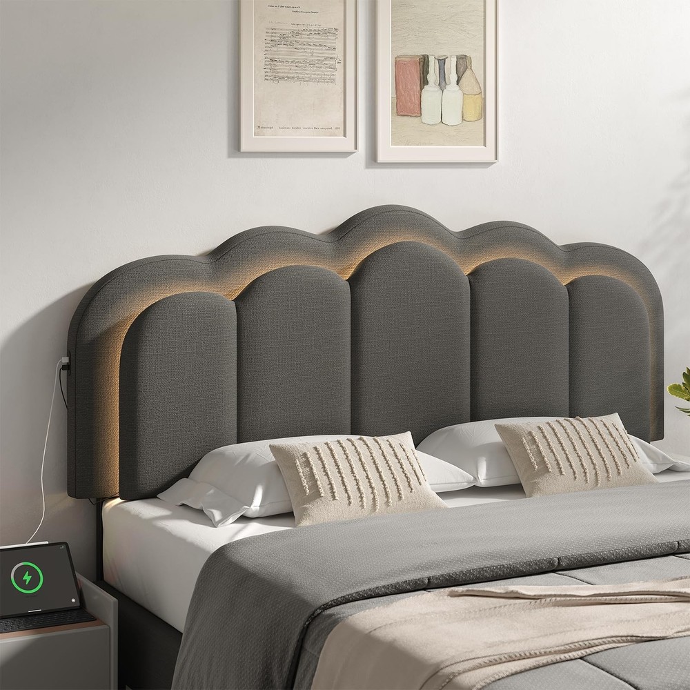 Upholstered Headboard Full Queen USB Type C RGB LED Light Adjustable Height Grey