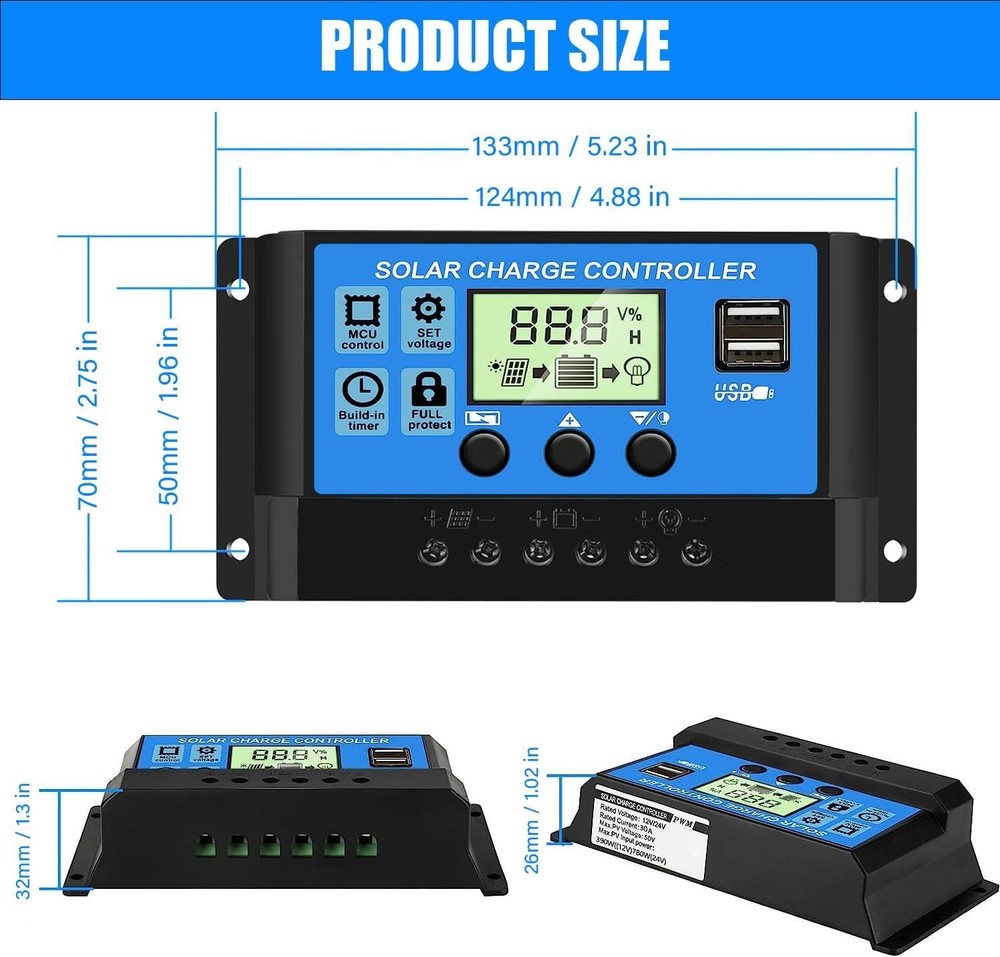 30A PWM Solar Charge Controller, 12V 24V Dual USB Solar Panel Battery Intelli...