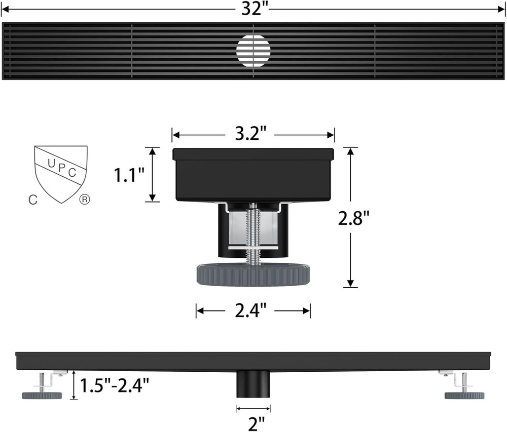 Matte Black 32 Inch Linear Shower Drain with Removable Wedge Wire Pattern Grate