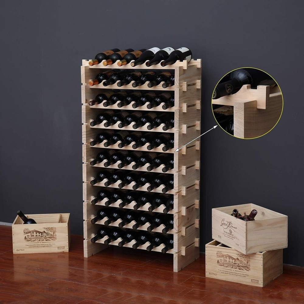 Solid Wood Stackable Wine Rack 60 Bottle Storage Cabinet Natural Finish