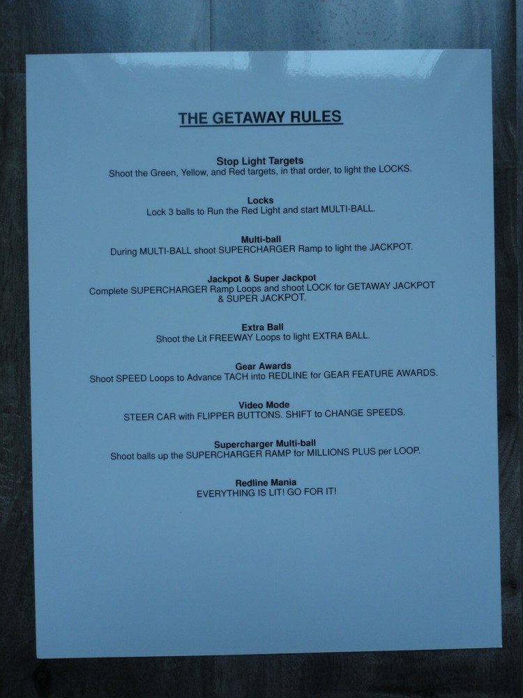 Getaway High Speed 2 Pinball Machine Rules & Shot Map Mint