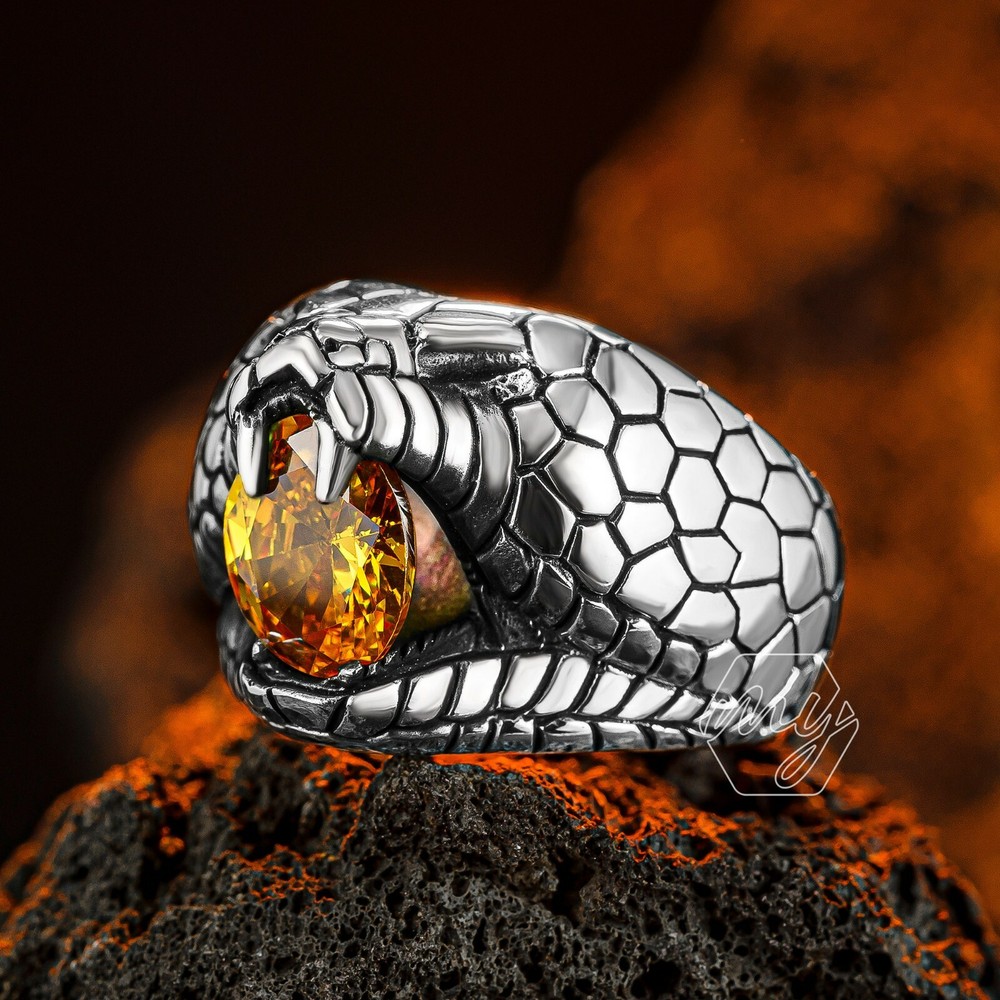 Solid 925 Sterling Silver Citrine Stone 3D Snake Design Men's Ring