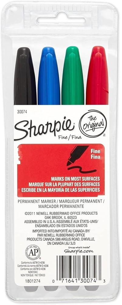 Sharpie Permanent Markers, Fine Point, Assorted Colors, 4-Pack (30074)