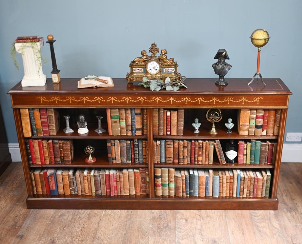 Wide Regency Open Bookcase - Mahogany Inlay Library Study