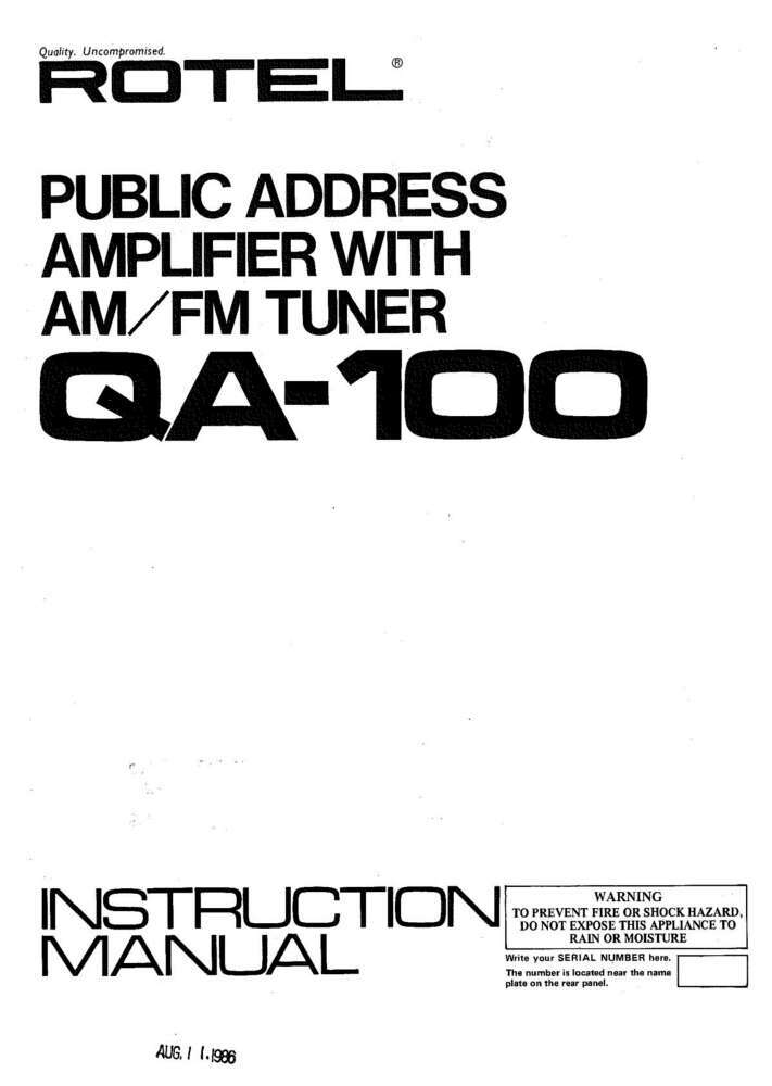 Rotel QA-100 Amplifier Owners Manual