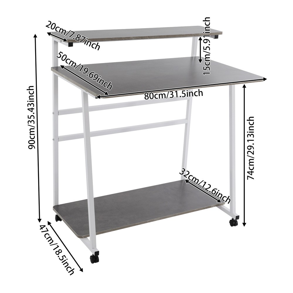 3-tier Computer Desk, Home Office Desk, Rolling Computer Desk, White, Grey