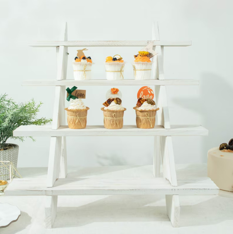 21" Rustic Whitewashed Wooden Ladder Shelf 4-Tier Cupcake & Display Stand