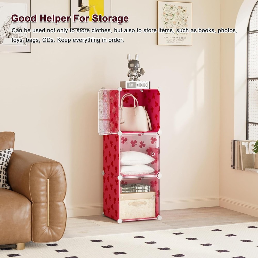 Cube Storage Organizer W/ Doors 3-Cube Shelves DIY Plastic Modular Bookshelf