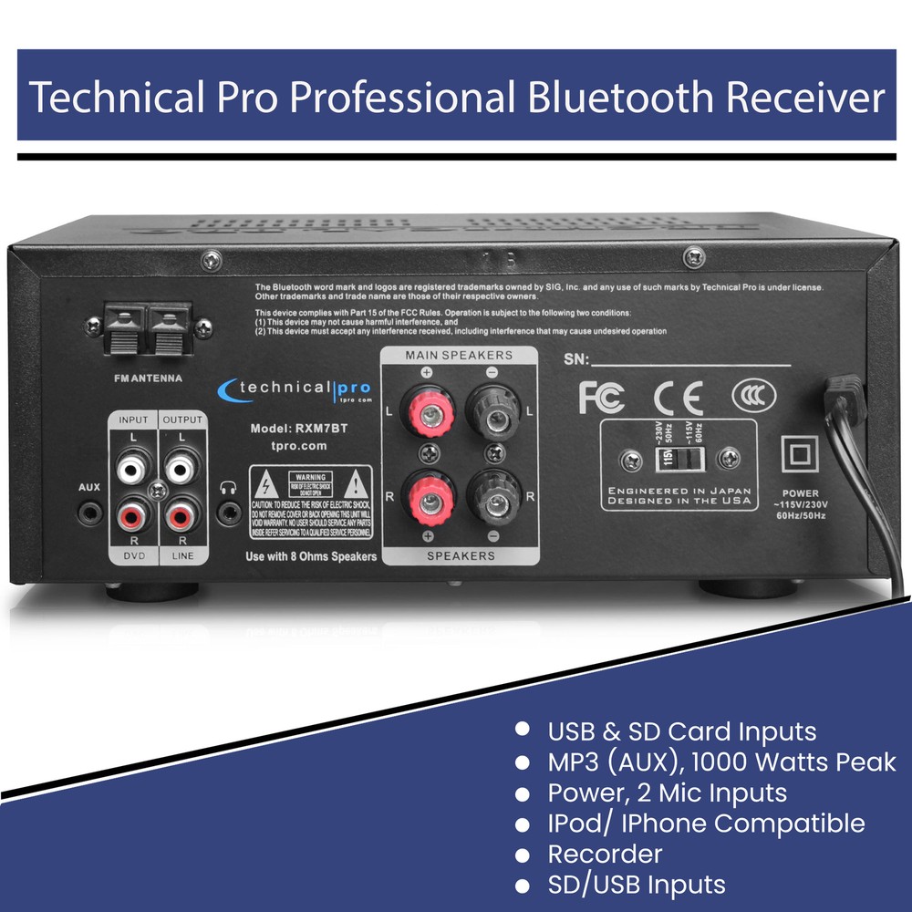 Professional Bluetooth Receiver with USB & SD Card Inputs, 1000 Watts Peak Power