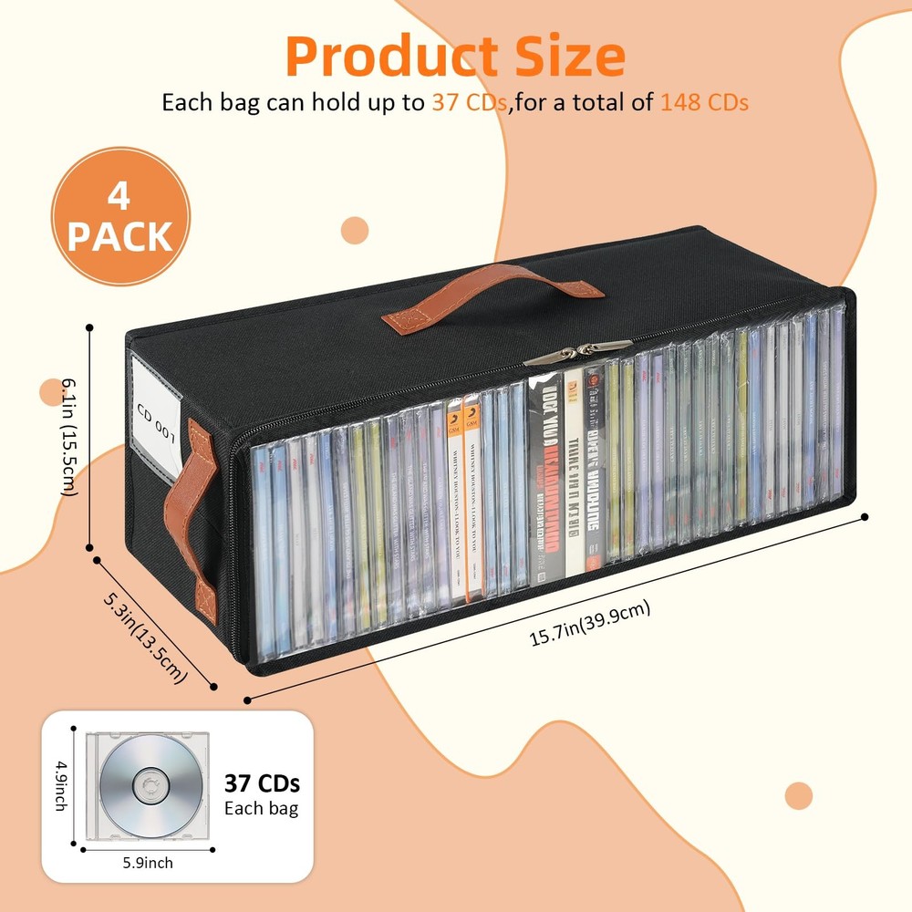 4 Pack CD Storage Box, Stackable CD Case Holder with Front Zippered Clear Win...