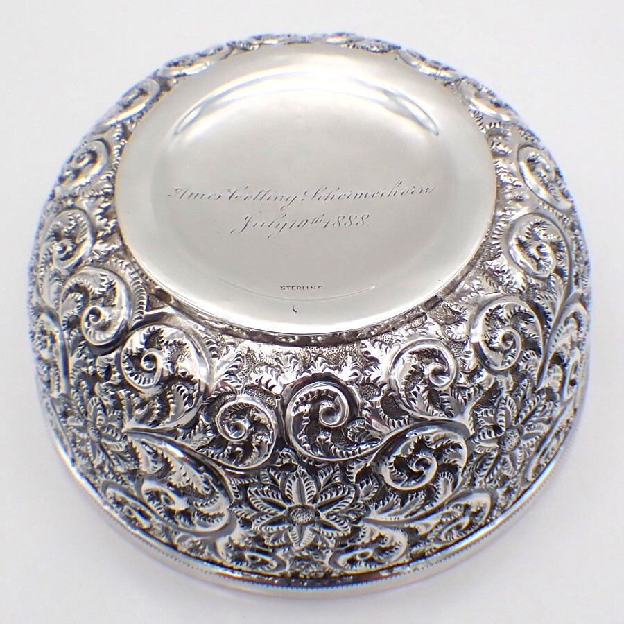 Ornate Repousse Bowl Sterling Silver 1888 Inscribed Underneath