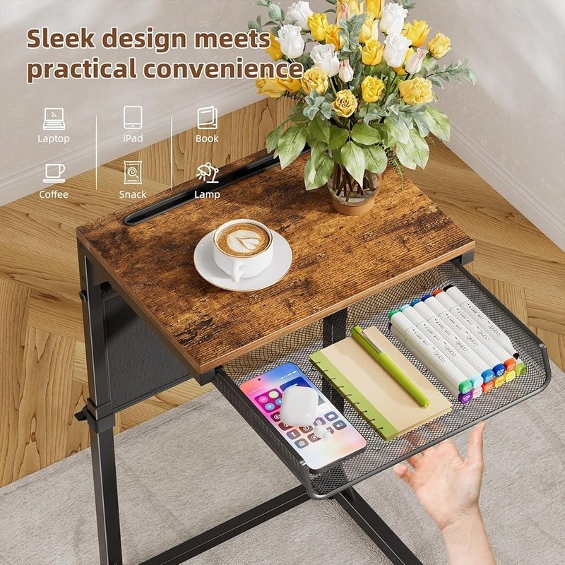 Adjustable C Table W/ Charging Station USB Type-C AC Outlet Storage Pockets