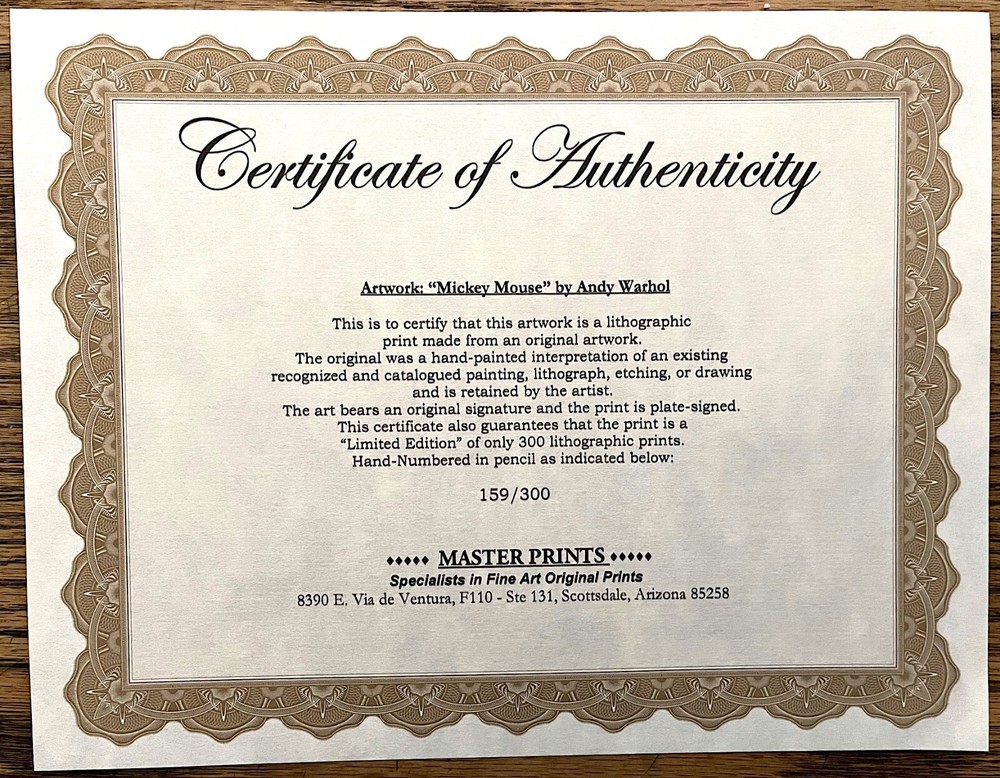 Andy Warhol "Mickey Mouse" Collector Edition Signed/Numbered + COA (unframed)