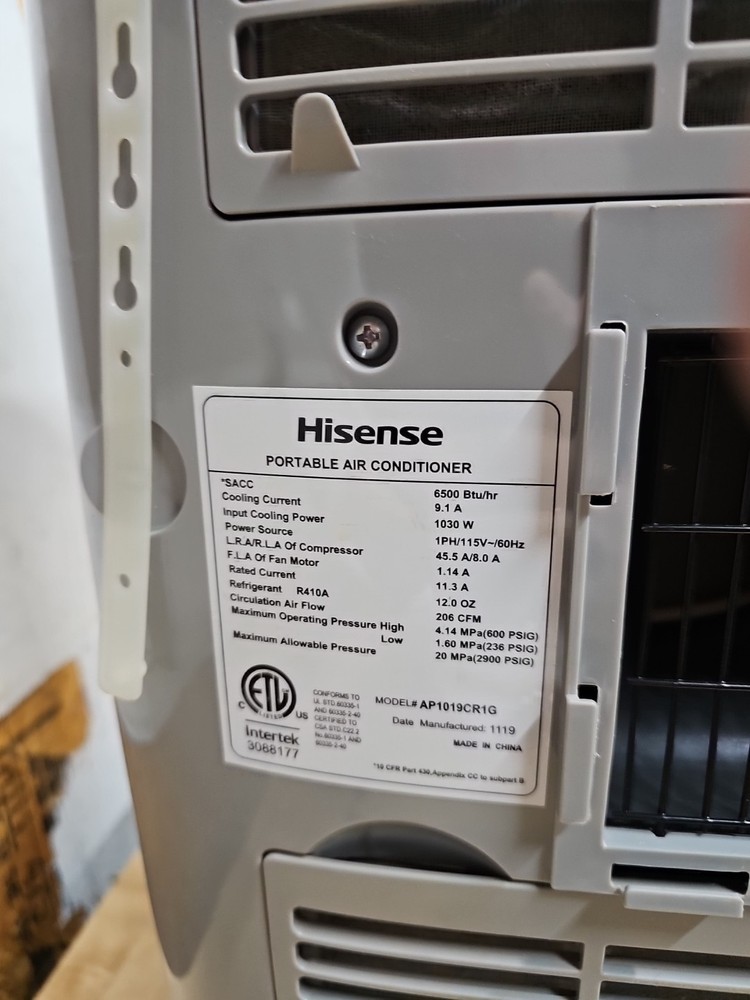 Hisense AP1019CR1G Ultra-Slim Portable Air Conditioner 6500 Btu 206 CFM Remote