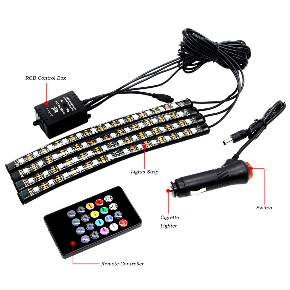 4PCS 12LED Car Interior IR Wireless Remote Control Atmosphere Neon Lights Strip