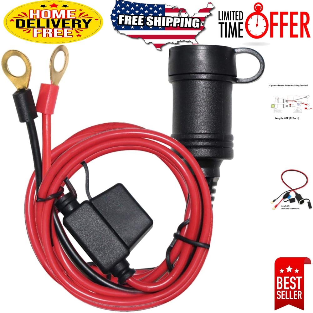 Water-Resistant 6FT Cigarette Lighter Extension Cable with 15A Protective Fuse