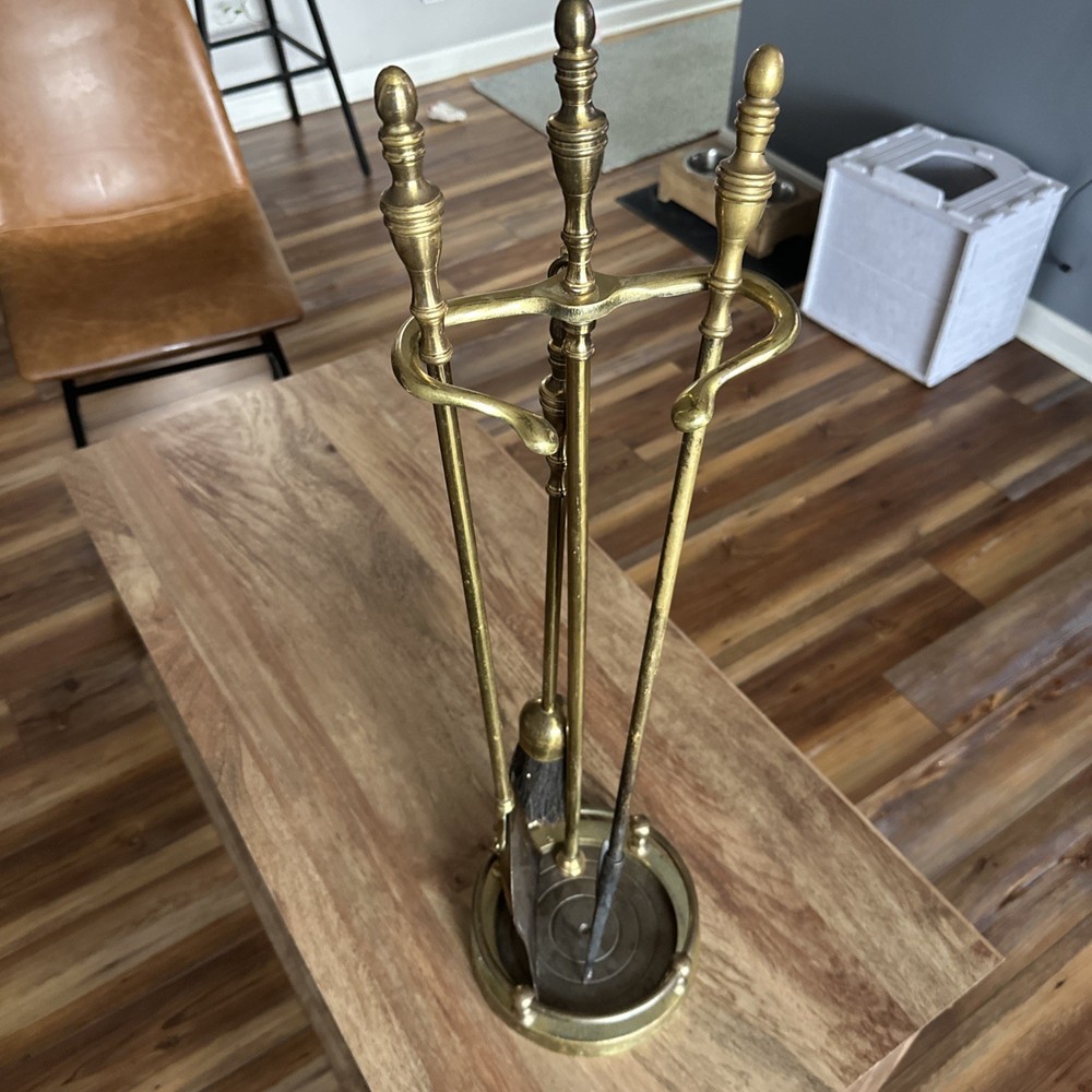 Vintage 4 Piece Brass Fire Place Tool Set with Base Place Holders