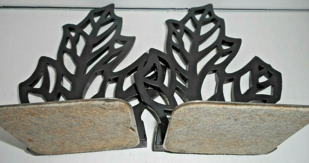 Syroco Molded Resin Open Leaf Pattern Bookends Felt Bottom Original Sticker PAIR