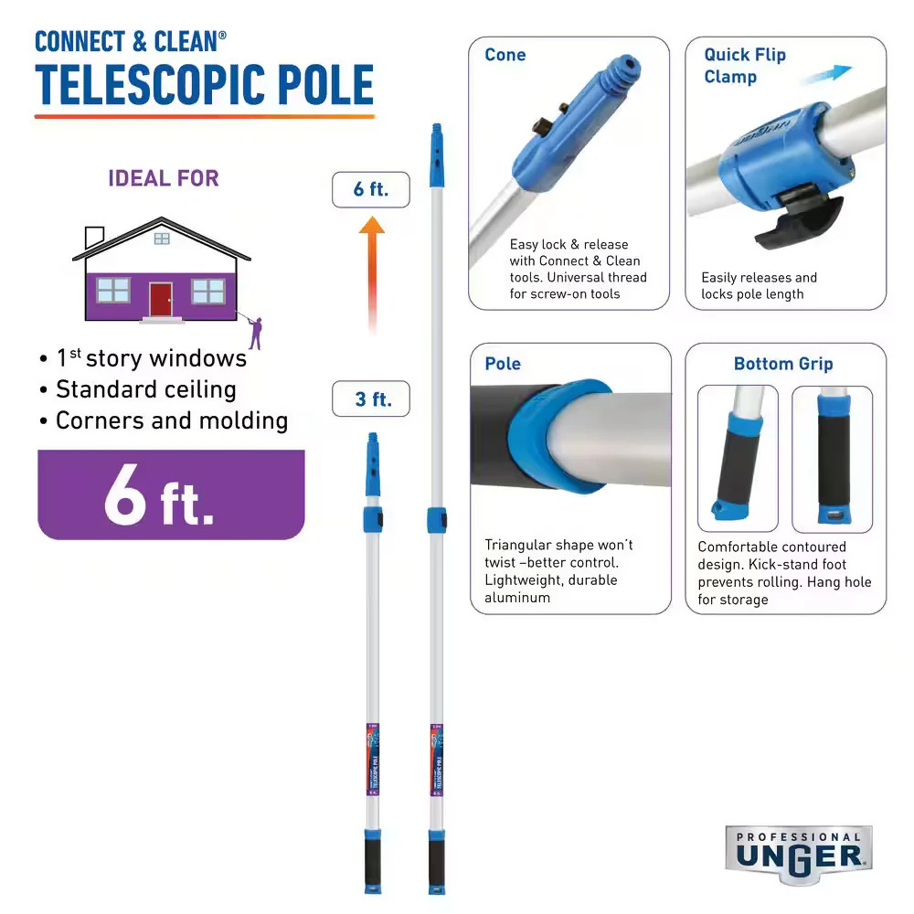 6ft Aluminum Telescoping Pole Connect & Clean Locking Cone Quick Clamps