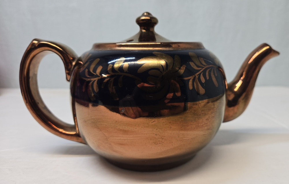 Copper Luster Teapot Blue Swirl Design Red Ware