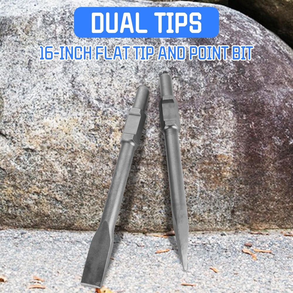 2 PCS Jack Hammer Chisel 1-1/8” Hex Jack Hammer Bits Point and Flat Concrete ...
