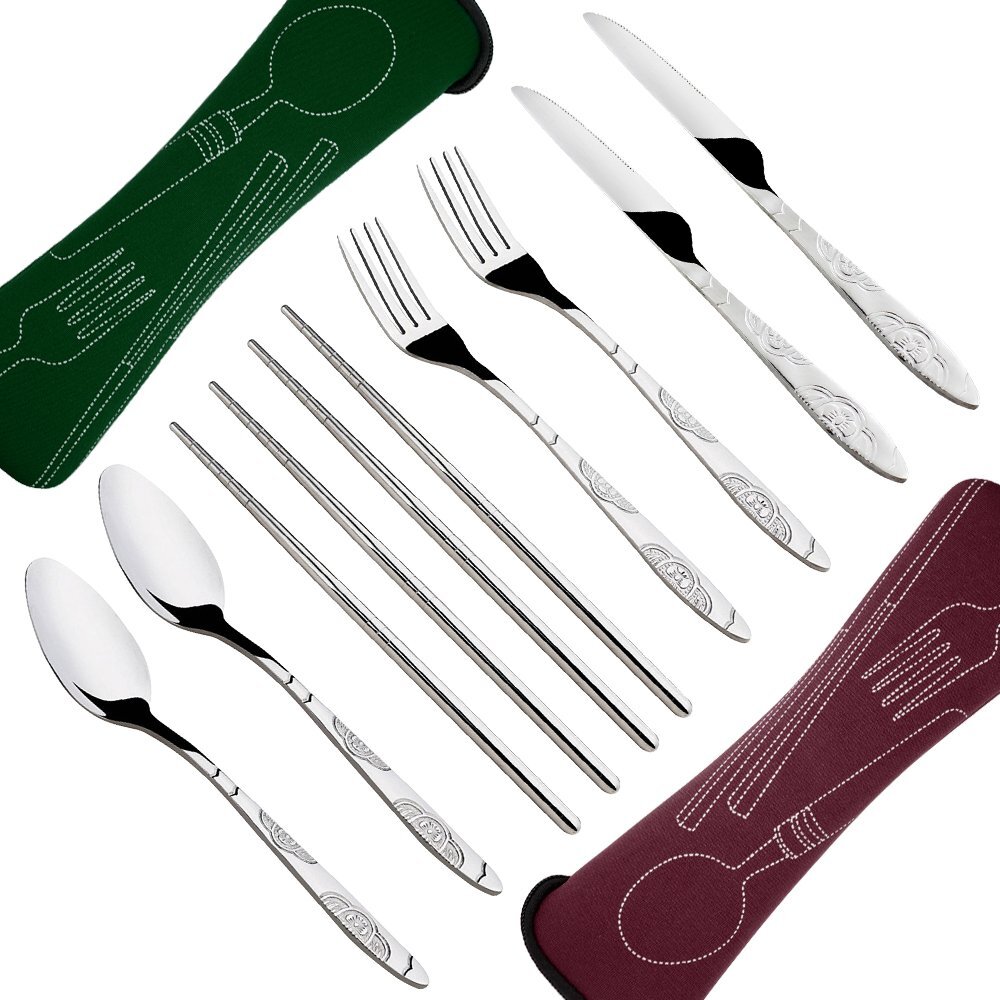 8 Pieces Flatware Sets Knife Fork Spoon Chopsticks 2 Pack Rustproof Stainless...