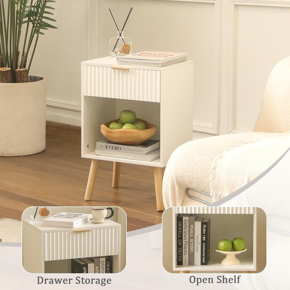 White Nightstand, Modern Bedside Table with Drawer and Opening Storage,