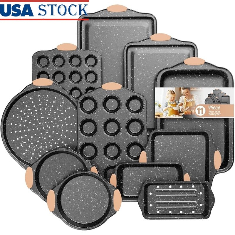 11 Piece Nonstick Baking Set Stackable Bakeware Cookie Sheet Muffin Pan New