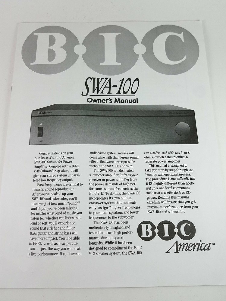 BIC SWA-100 Owners Manual   362230 362230
