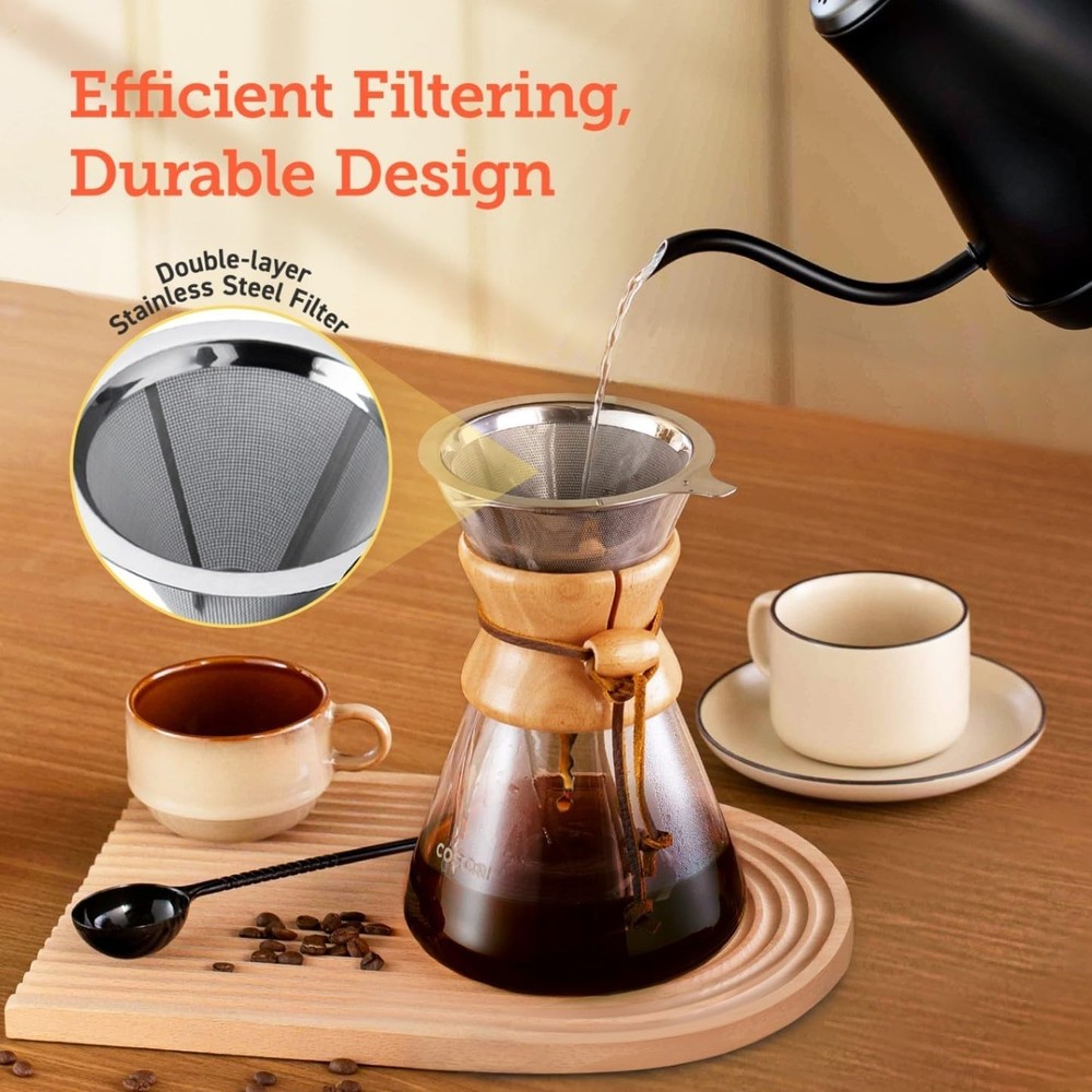 Pour Over Coffee Maker W/ Double Layer Stainless Steel Filter 8-Cup 34oz Drip