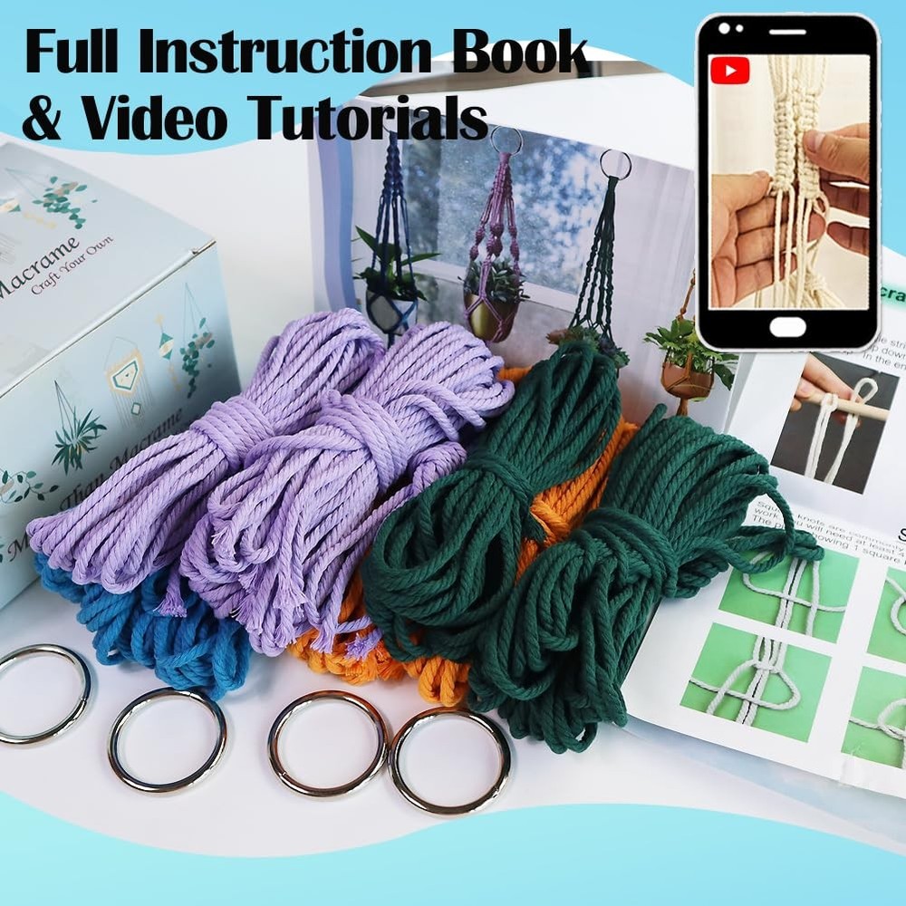 Macrame Plant Hanger Kit with Instruction Book Tutorials Metal Rings 4mm Cord