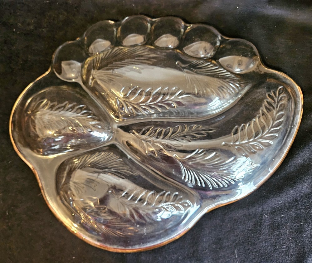 Vintage Divided Serving Tray Deviled Eggs Feather Pattern Clear w/ Gold Trim 17"