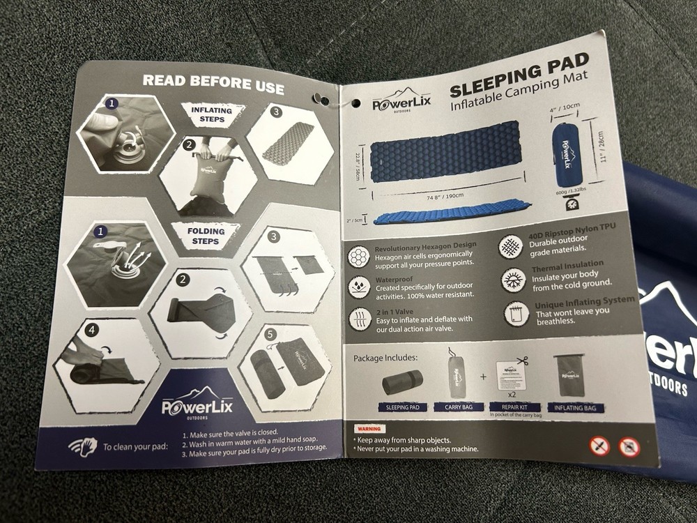 PowerLix Sleeping Pad Inflatable Camping Mat. Blue.