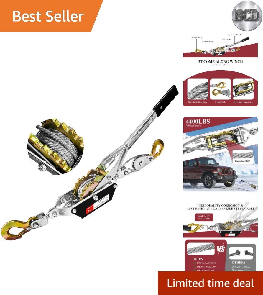 Come Along Winch, 2 Ton 4480 lbs Pulling Capacity, 7 ft Steel Cable, 2 Hooks,...