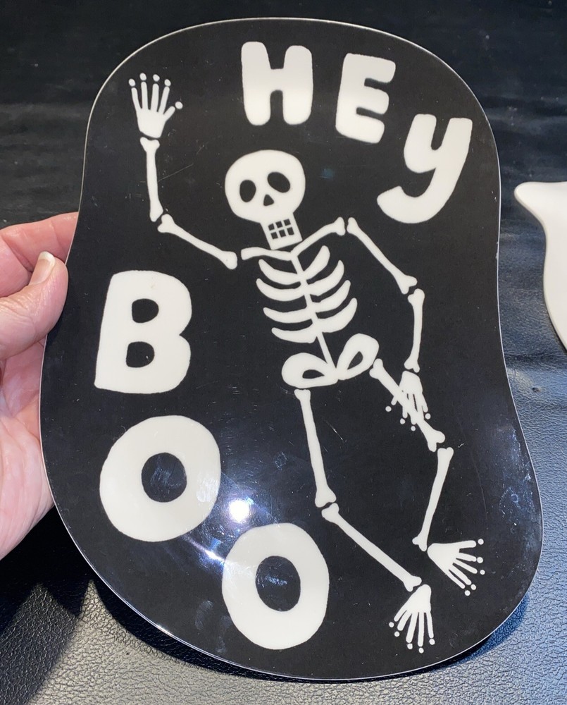 Hyde & Eek Melamine Plates Hey Boo Skeleton & Cat Witch