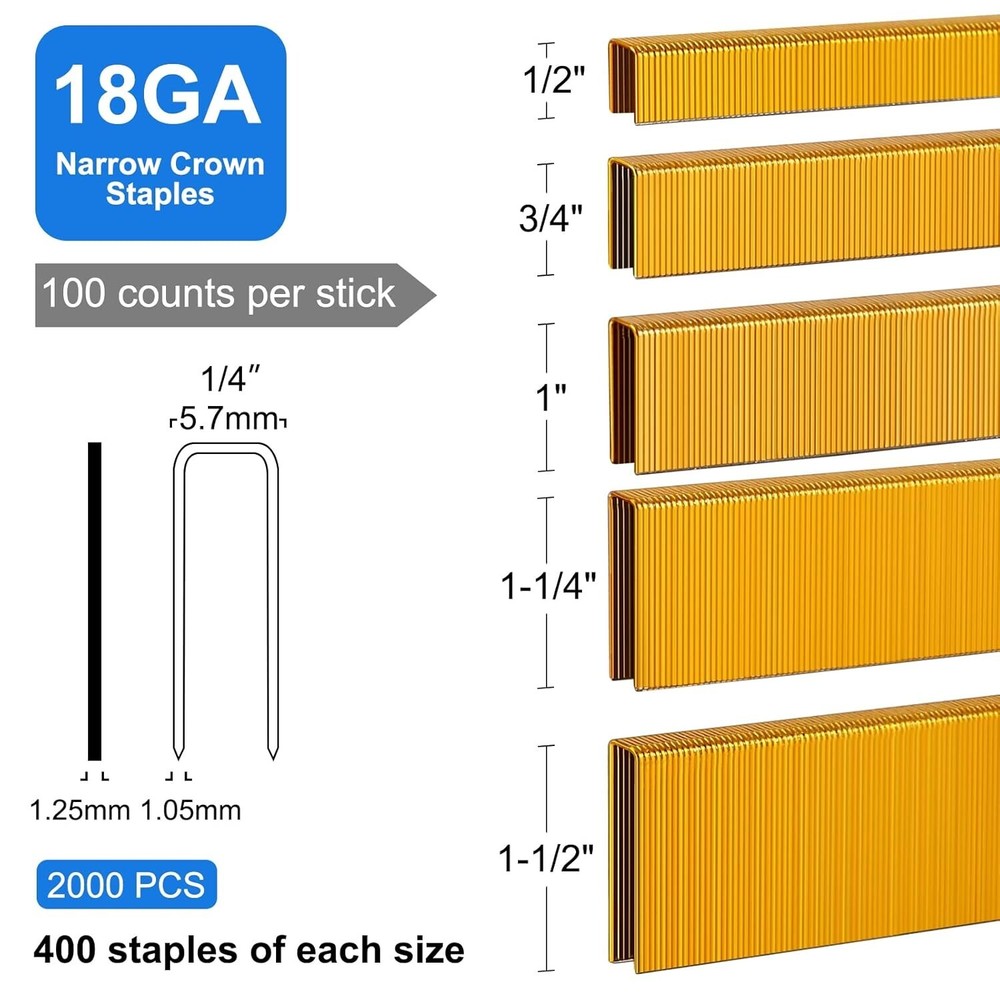 18 Gauge Narrow Crown Staples Assorted Sizes - Rust Resistant 2000 Pcs