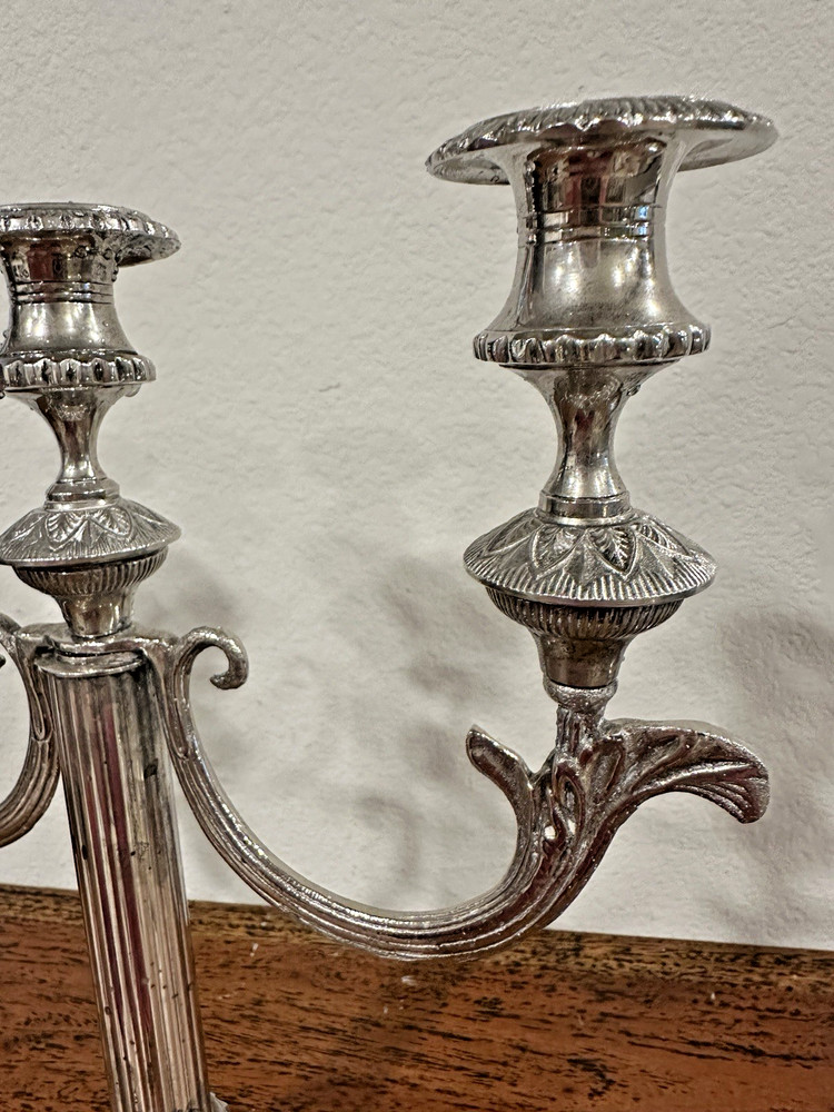 Empire Style Silver Plate 3-Light Candelabra Fluted Column, Square Base 11" tall