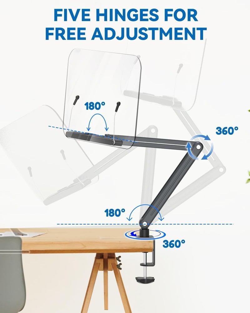Desk Clamp Acrylic Book Stand Reading Ergonomic Design Adjustable Height