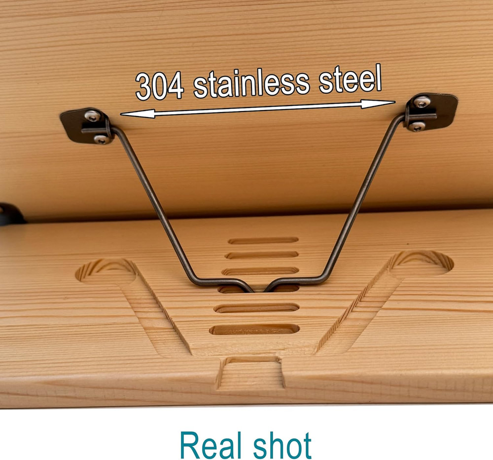 Book Stand, Cookbook Stand, Book Holder, (Solid Wood, Stainless Steel Spring Cli