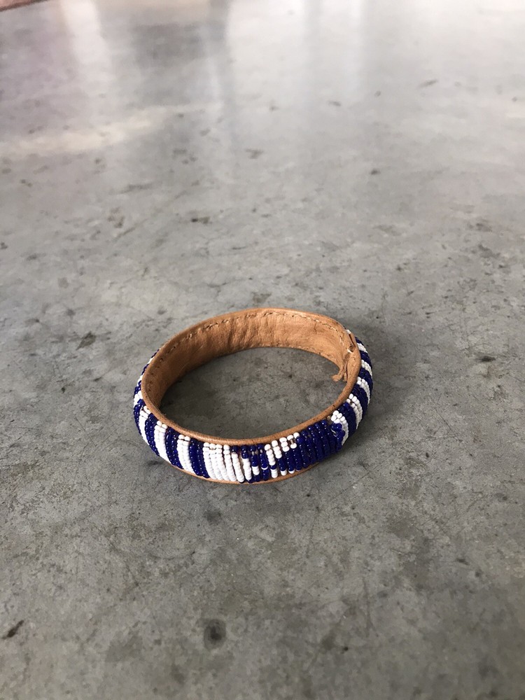 Handmade Blue White Beaded Leather Bangle Bracelet