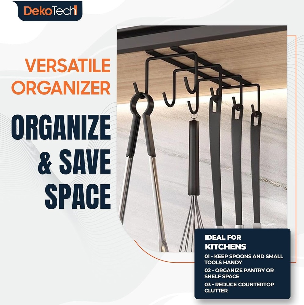 Under Shelf Mug Holder Metal Cup Rack W/ 8 Hooks Space-Saving Kitchen Storage