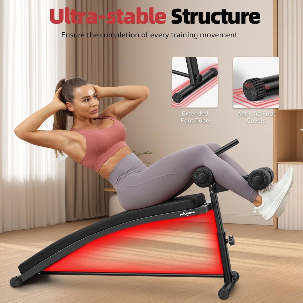 Sit Up Bench with 4 Adjustable Heights and Reverse Crunch Handle, Curved Ab Work